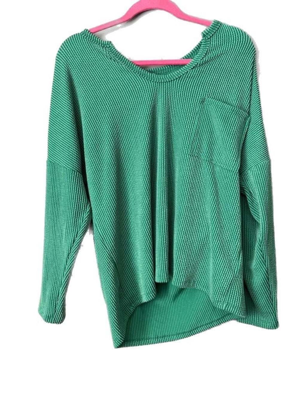 BiB! Women's Green Ribbed Oversized Long Sleeve Top with Pocket